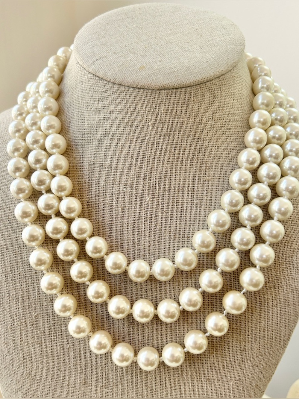Vtg CAROLEE Majestic Pearl Necklace 3 Strand Knotted High End Art Deco 18” 13 mm